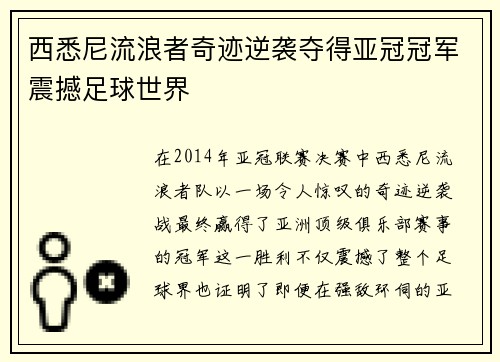 西悉尼流浪者奇迹逆袭夺得亚冠冠军震撼足球世界
