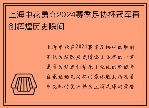 上海申花勇夺2024赛季足协杯冠军再创辉煌历史瞬间