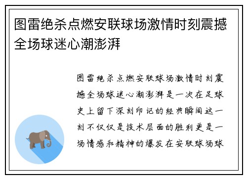 图雷绝杀点燃安联球场激情时刻震撼全场球迷心潮澎湃 图雷绝杀点燃安联球场激情时刻震撼全场球迷心潮澎湃